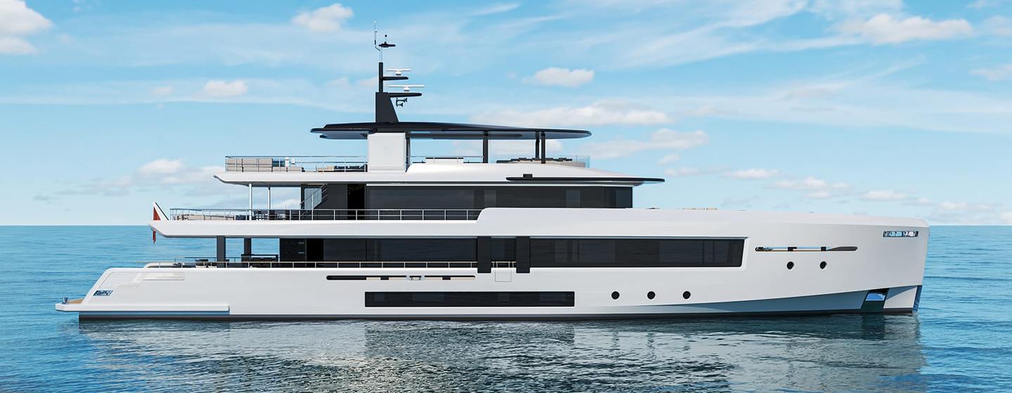 Rendering of Cantiere delle Marche Custom 45m explorer yacht under way 