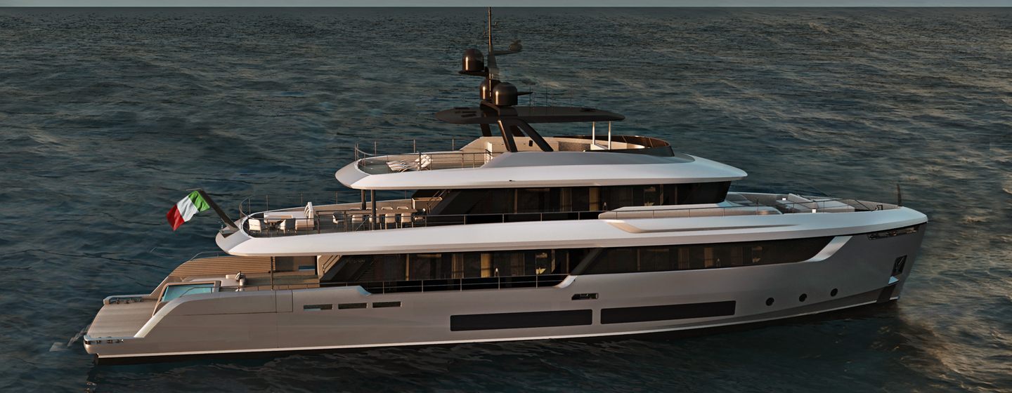 Rendering of Atlante Classic 36 motor yacht at anchor 