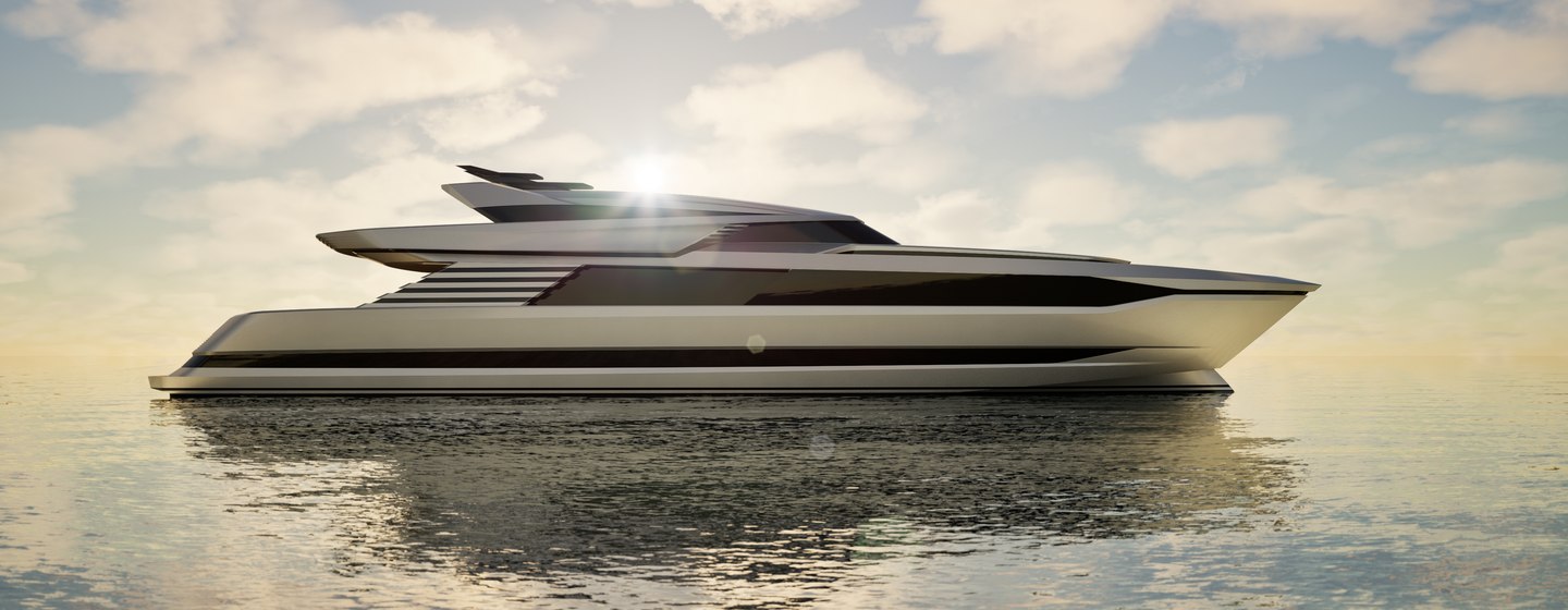 Cantieri di Pisa AKHIR yachts render image sunlight catching starboard side profie of yacht on mirror sea with clouds and sunlight 