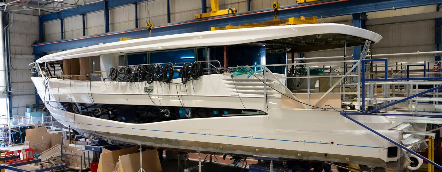 Princess X90 motor yacht under construction at Princess shipyard