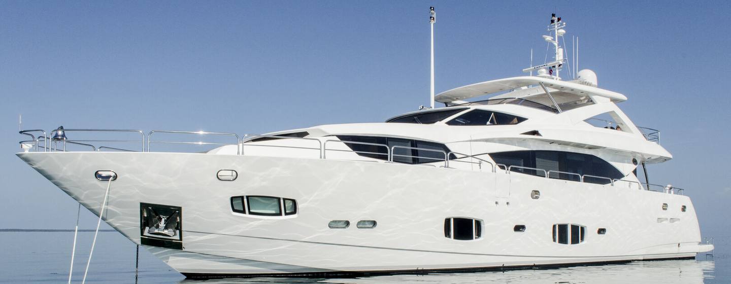 Sunseeker motor yacht Emrys at anchor side view 