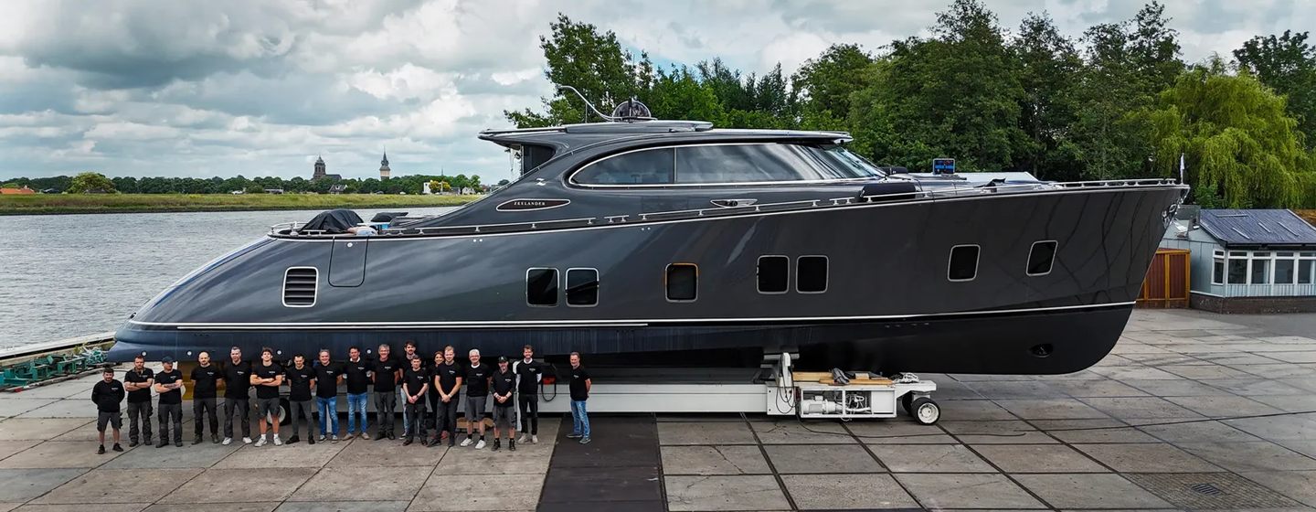 Zeelander 8 motor yacht Solea at launch with Shipyard in front 