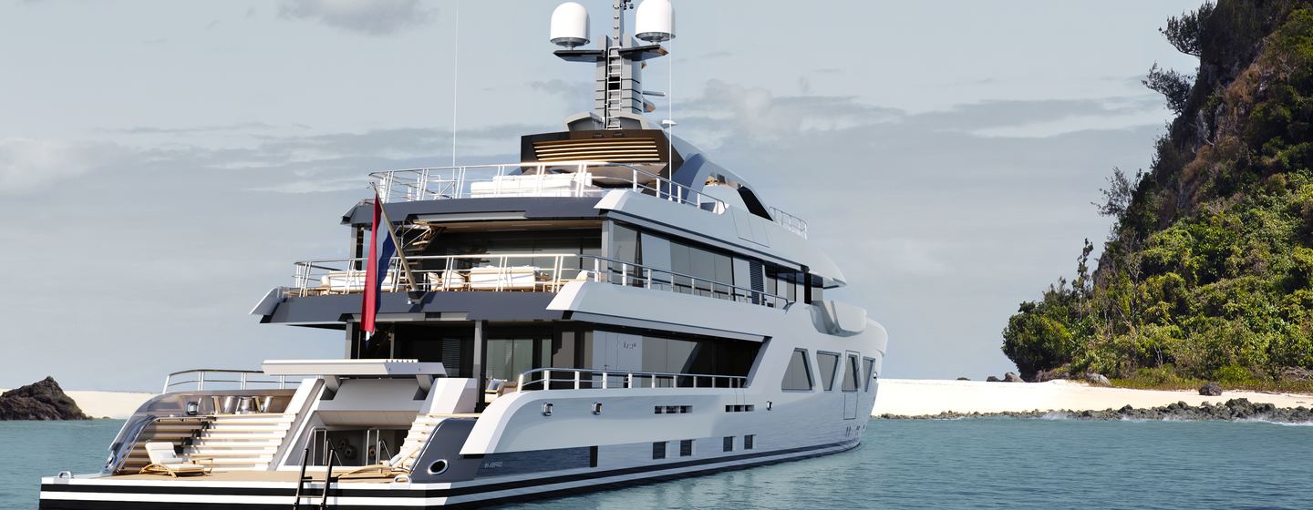 Rendering of Amels 60 Superyacht Project Vogue at anchor 