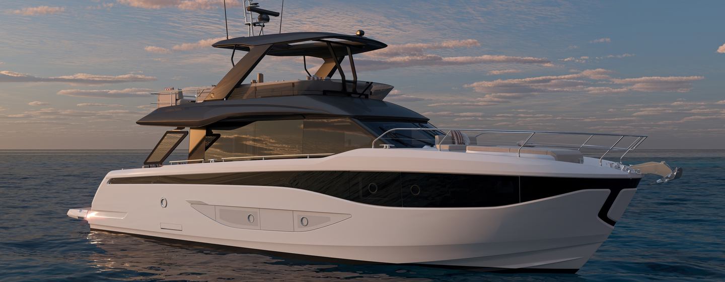 Rendering of Prestige F6.7 motor yacht at anchor 