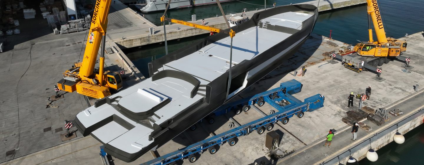 First ISA Viper 130 Superyacht being lowered into trolley 