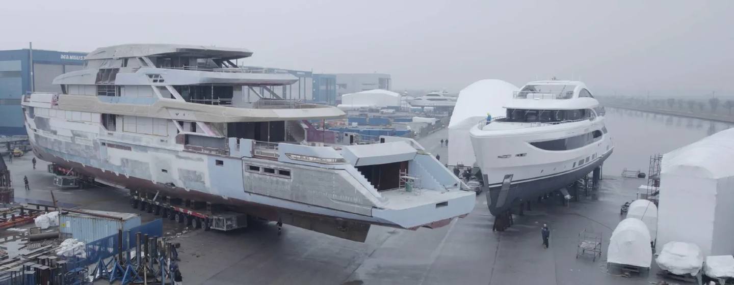 Flagship Amer 74 Steel superyacht on way to shipyard for outfitting 