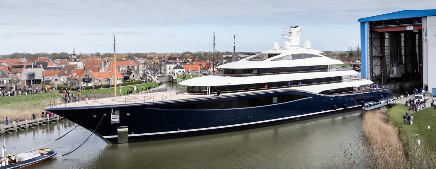 Feadship Superyacht Project 1014 leaving Feadship shipyard at launch