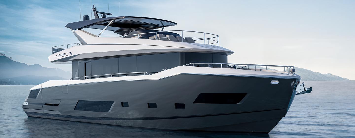 Rendering of Sunseeker 74 Ocean motor yacht at anchor 