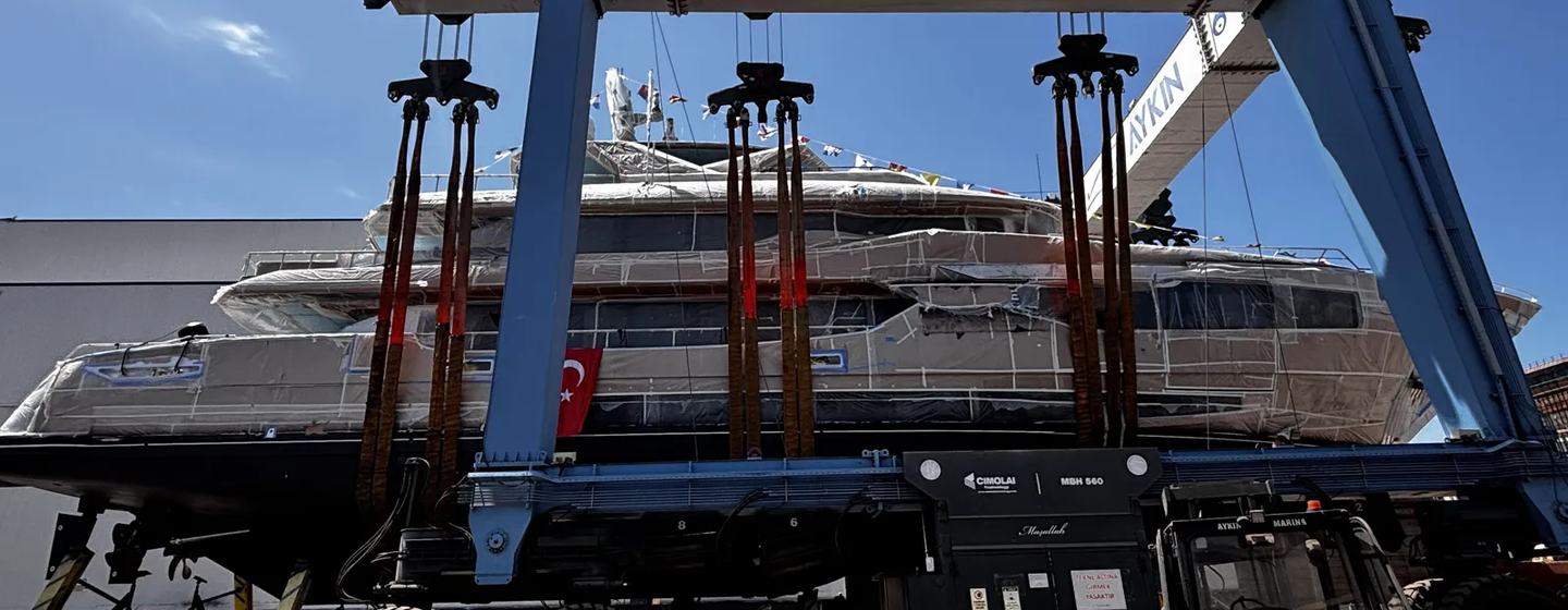 Orion Yachts Superyacht Orion One on trolley on way to launch