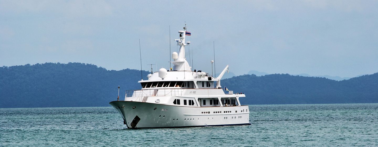Superyacht at anchor front view 