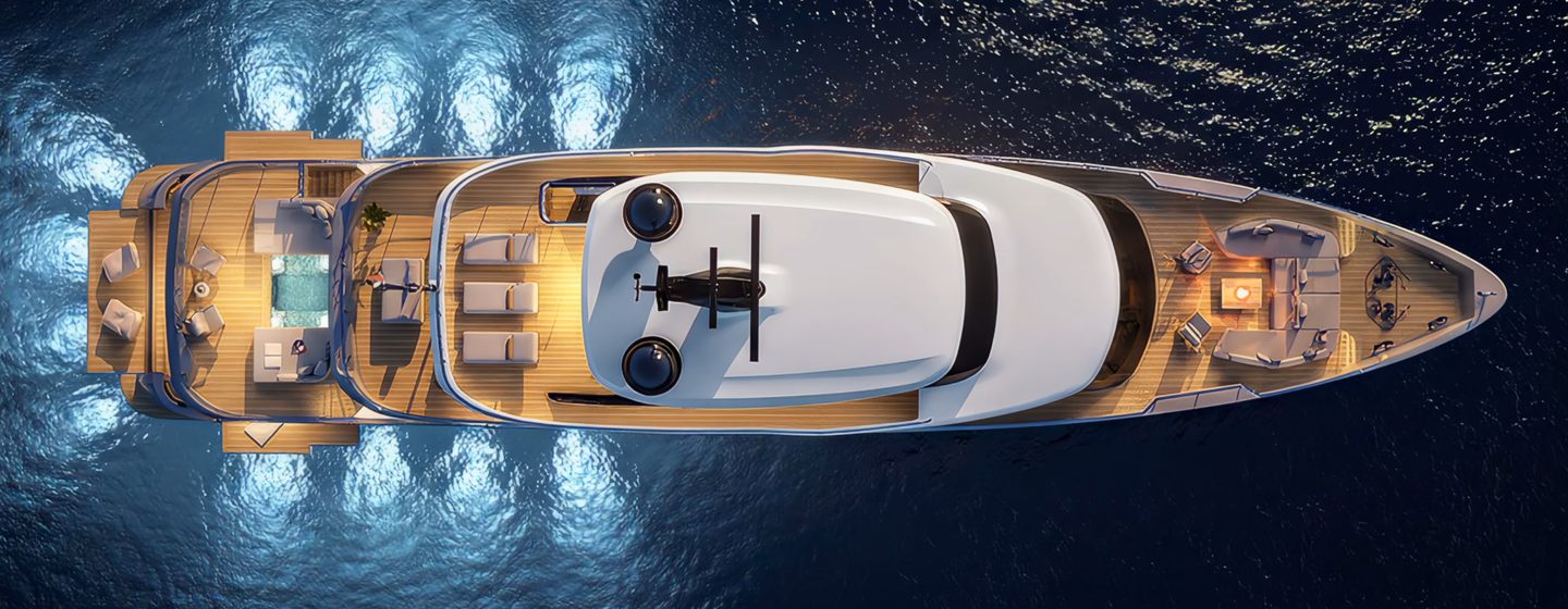 Aerial rendering of Azimut Grande 44M superyacht with aft underwater lights 