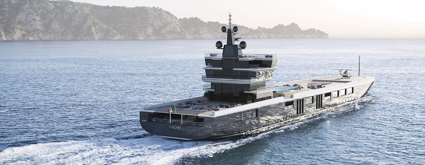 Oceanco NACHT yacht conversion render looking at the stern 