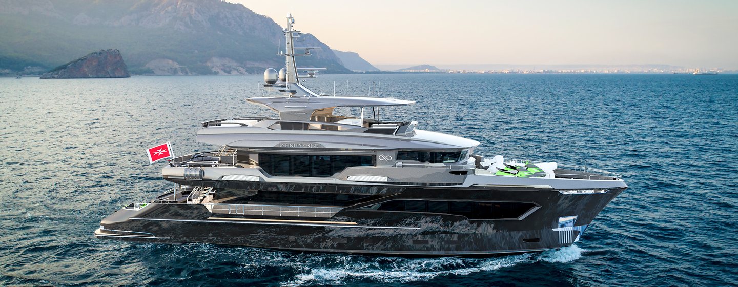 AvA Yachts M/Y Infinity Nine underway, surrounded by sea with elevated terrain in background