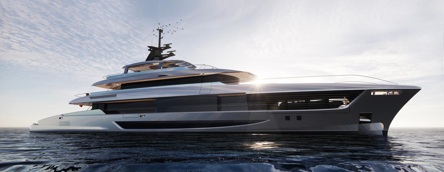 Rendering of Mengi Yay NL 50 Plus superyacht under way 