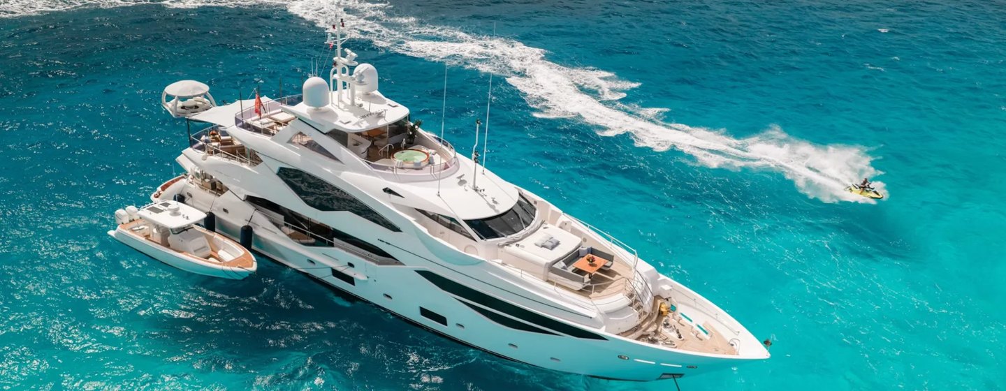 Sunseeker motor yacht Captain Morgan III at anchor side view 