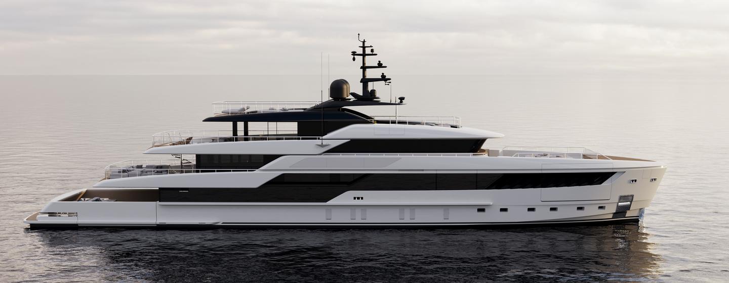 The Sanlorenzo 50Steel superyacht sitting at anchor showcasing its extensize use of glazing