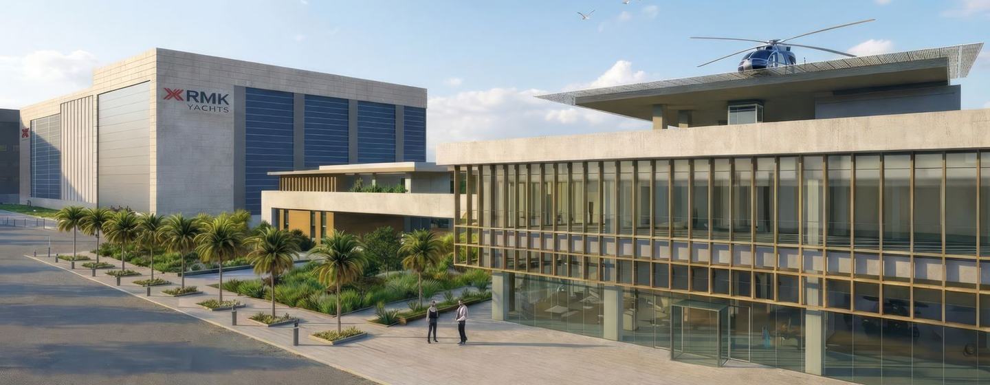 Rendering of new RMK shipyard in Yalova with helipad, glass structures and front garden