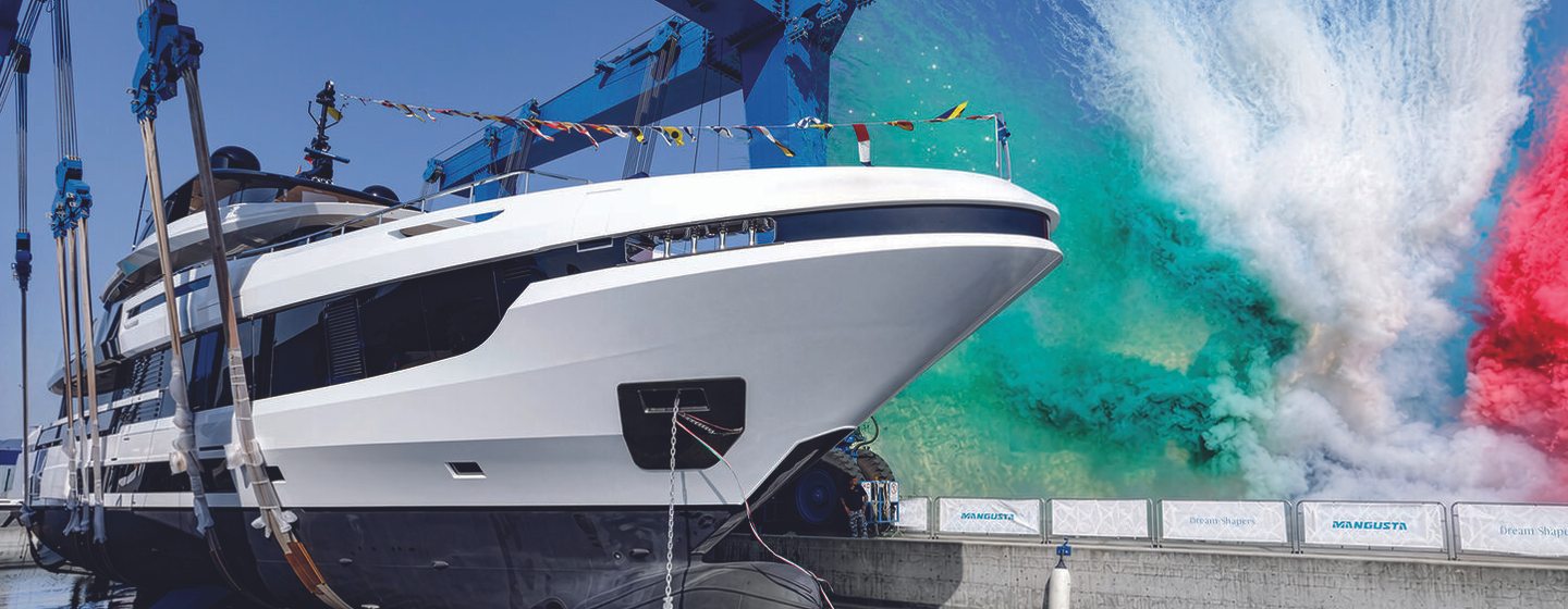 Mangusta Oceano 44 Superyacht Lulus at launch with green, white and red confetti