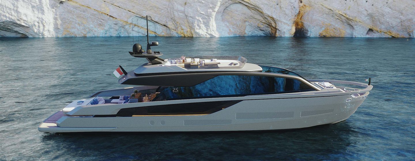 Rendering of second Extra X90 FAST motor yacht at anchor 