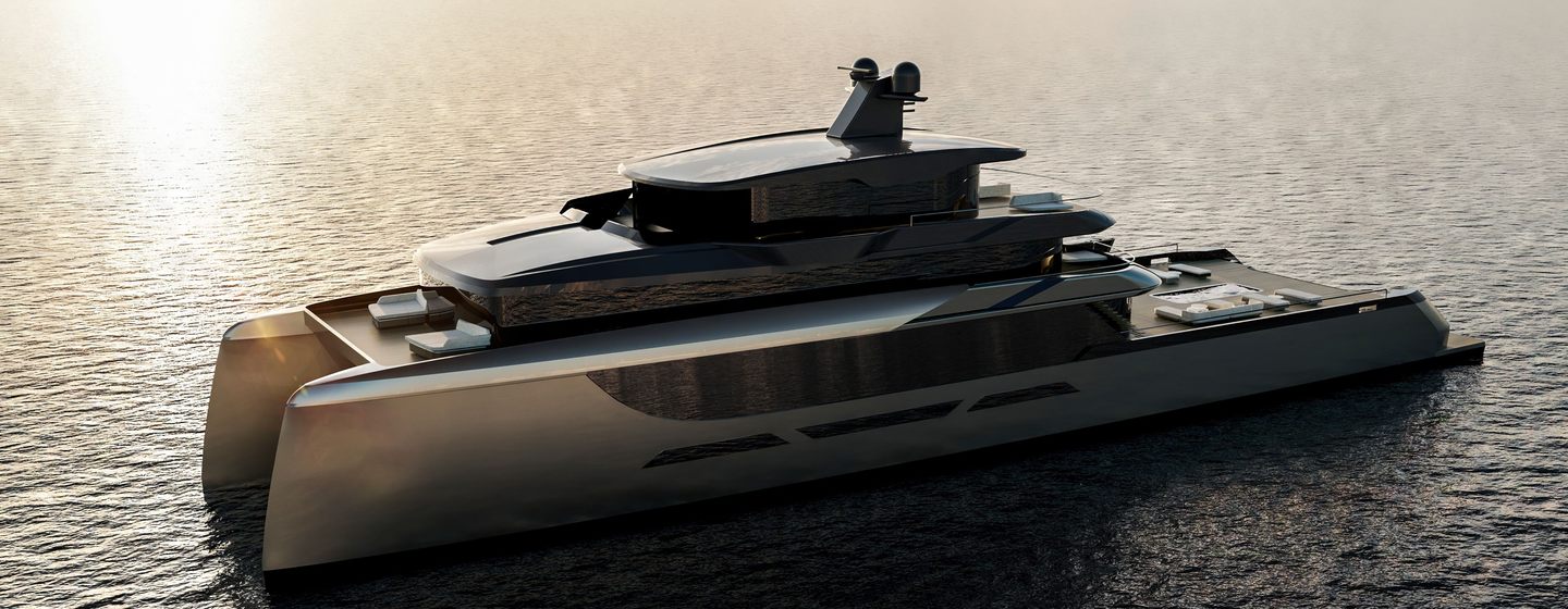 Rendering of Sunreef 65M Explorer catamaran at anchor 