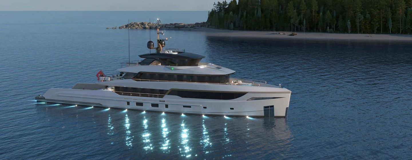 Rendering of Bering 165 Explorer Yacht at anchor with underwater lights 