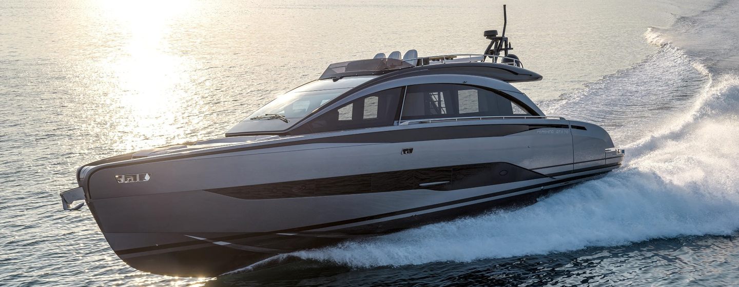 Pershing GTX70 motor yacht under way 
