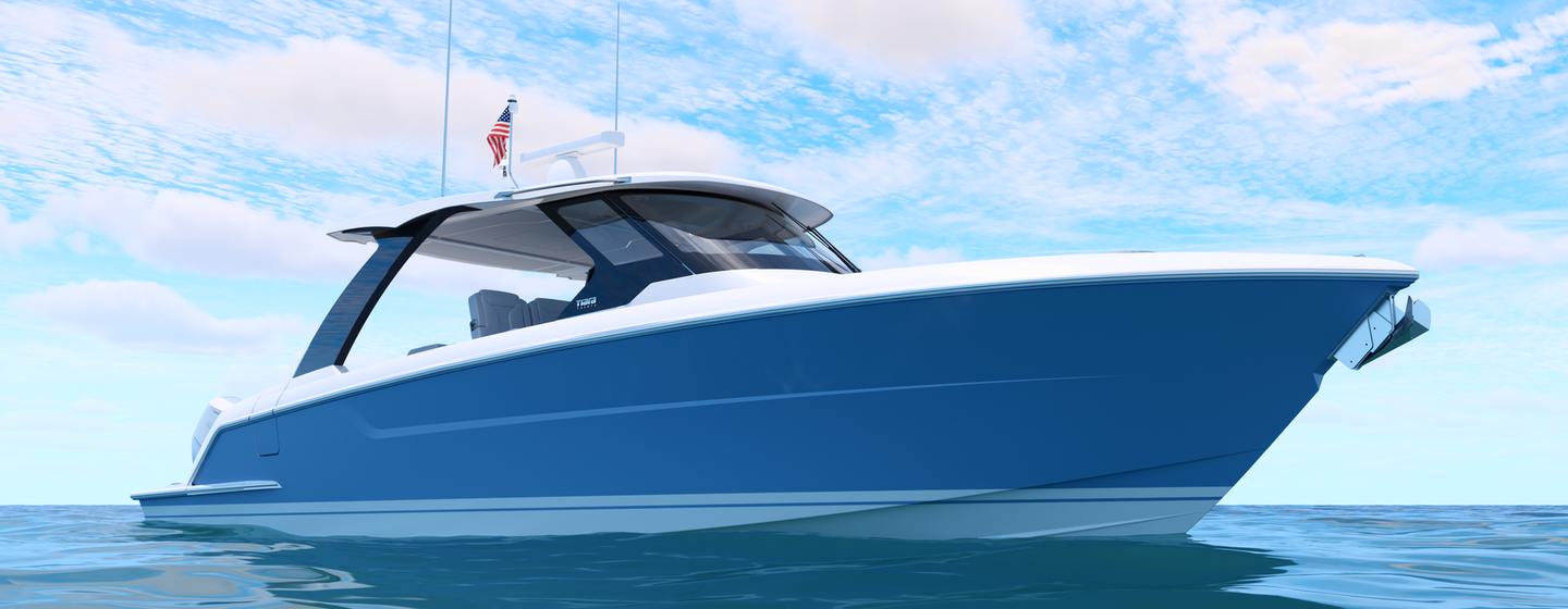 Rendering of Tiara Yachts 39LS sports yacht at anchor 