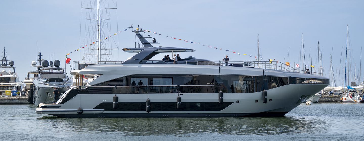 Maiora first M30 yacht at anchor side view 