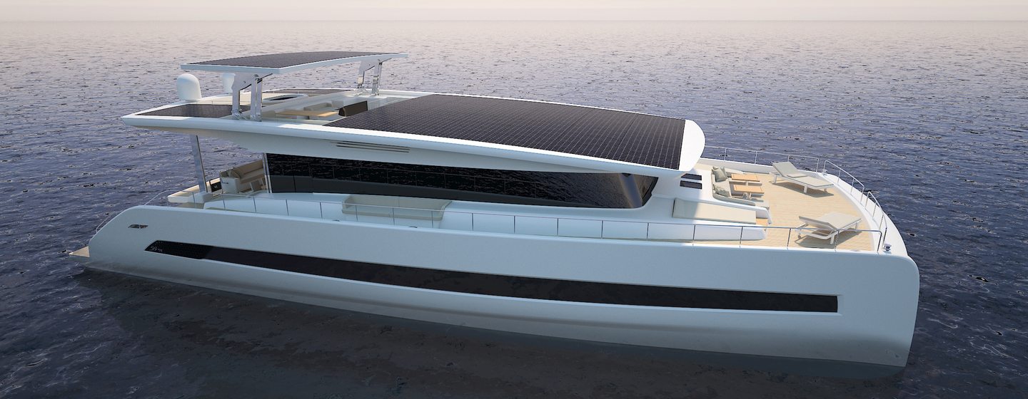 Rendering of Silent Yachts' SY80 catamaran at anchor 