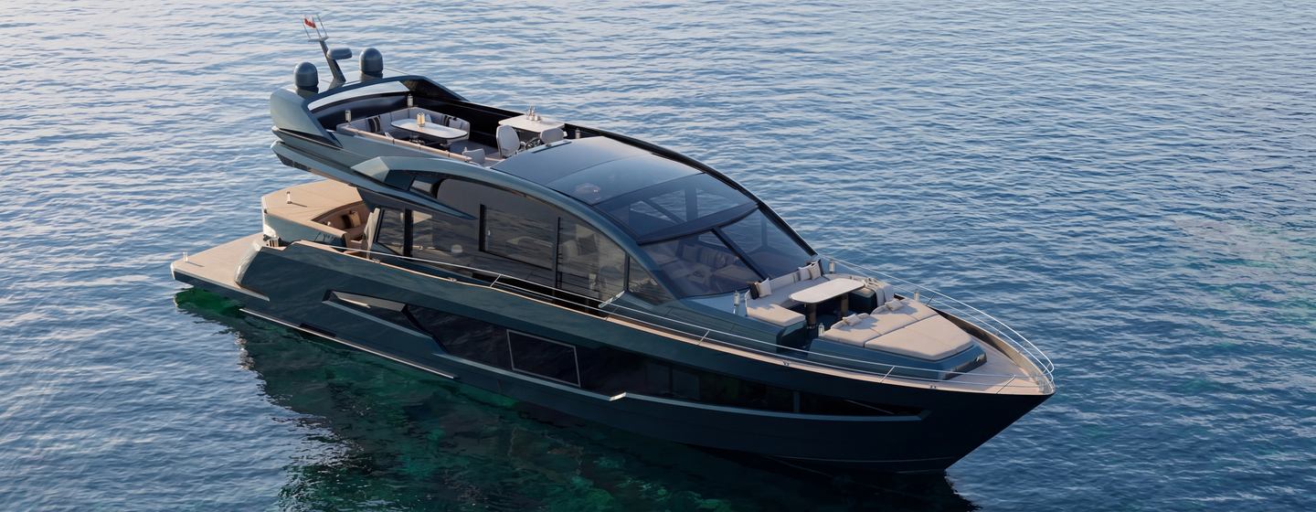 Rendering of Galeon 700 Sky Motor Yacht at anchor 