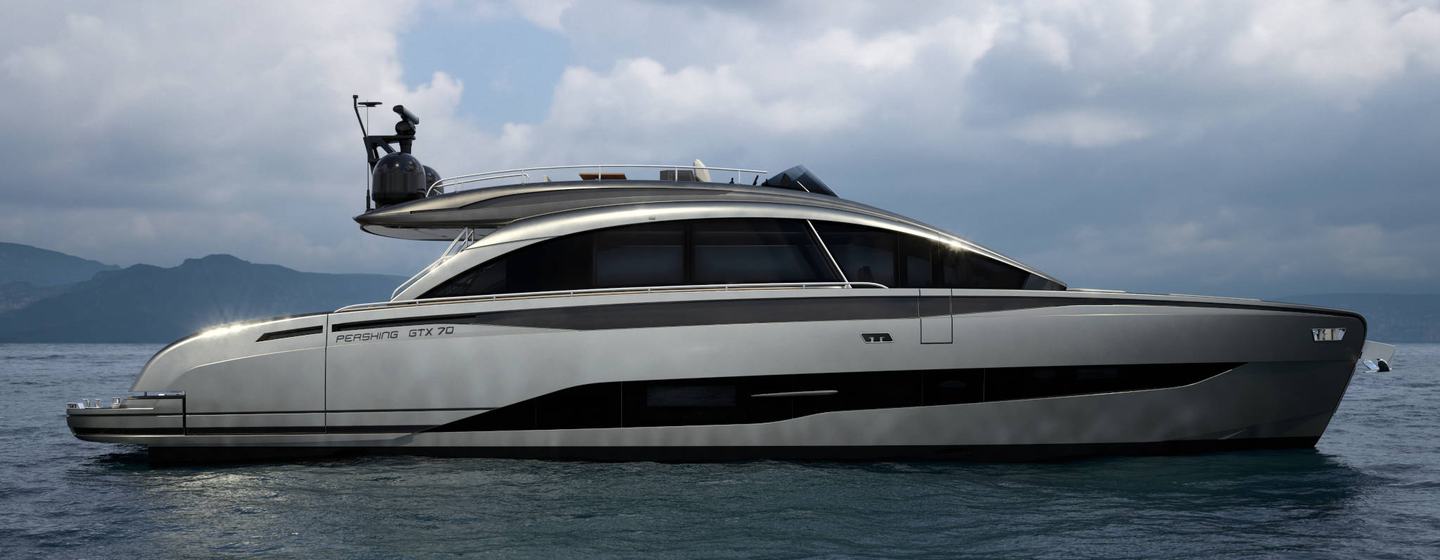 Pershing GTX70 motor yacht at anchor