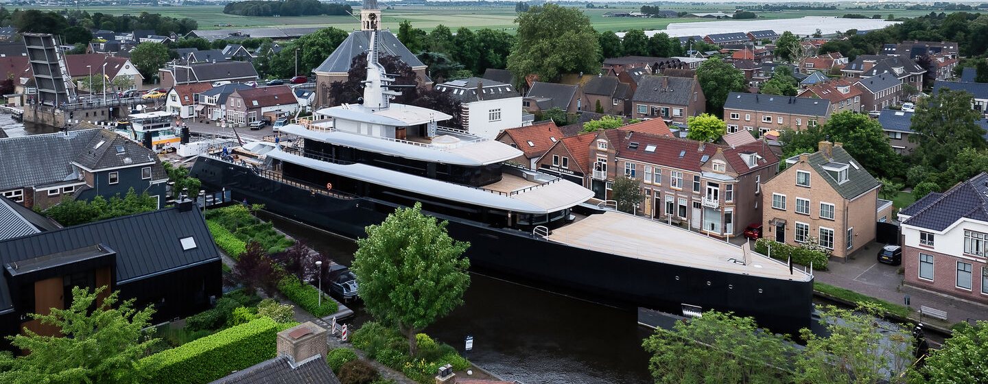 Feadship Superyacht Thalassa navigating Dutch canals en route to sea trials 