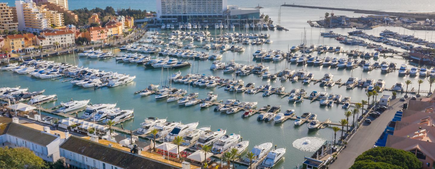 An aerial shot of Vilamoura Marina in Portugal full of yachts and boats