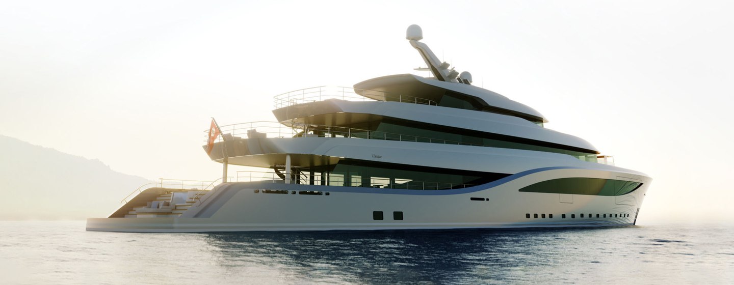 Aft view of Feadship Project Freedom underway, surrounded by sea