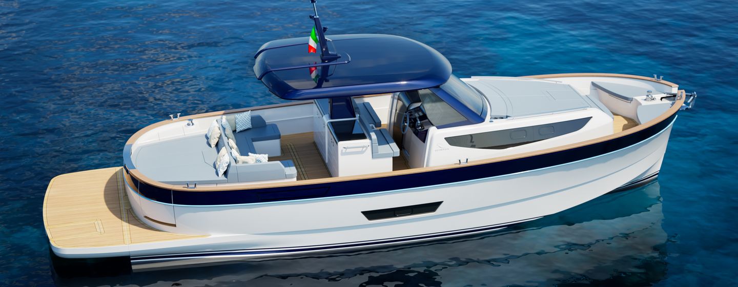 Rendering of Apreamare Gozzo 42 boat at anchor 