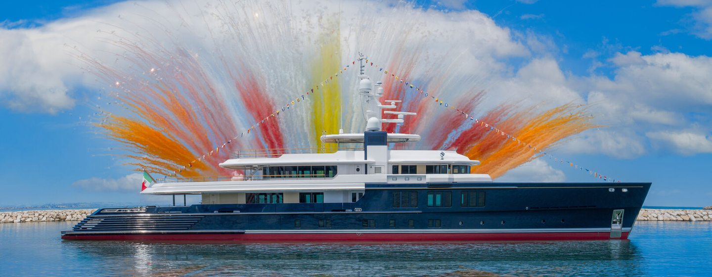 Superyacht Cerulean (Project Thunderball) at launch with colourful confetti
