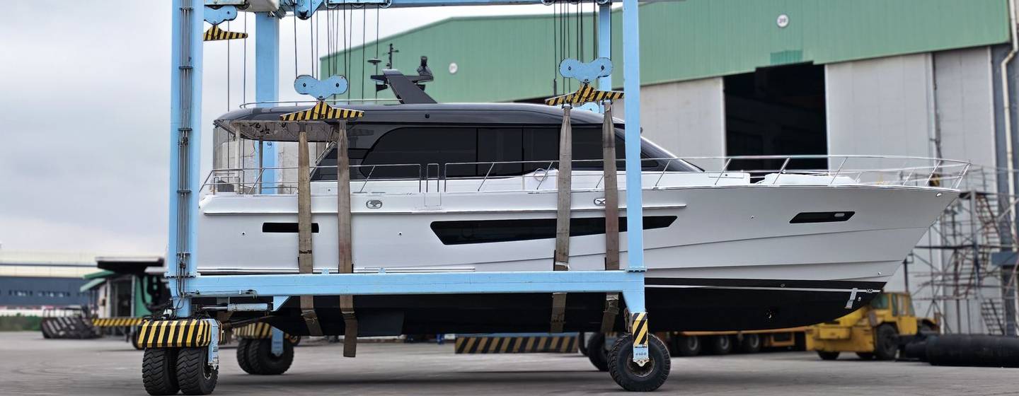 CL Yachts CLB65 SUV Motor Yacht on trolley on way to launch