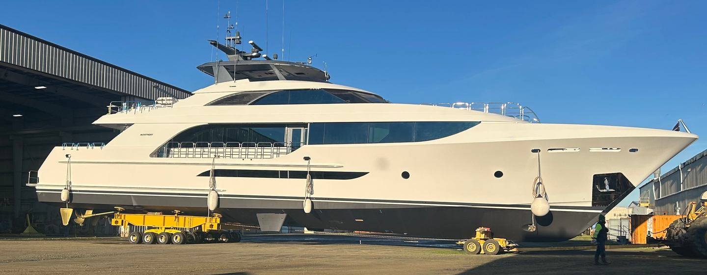 First Westport W135 superyacht hull on trolley at launch
