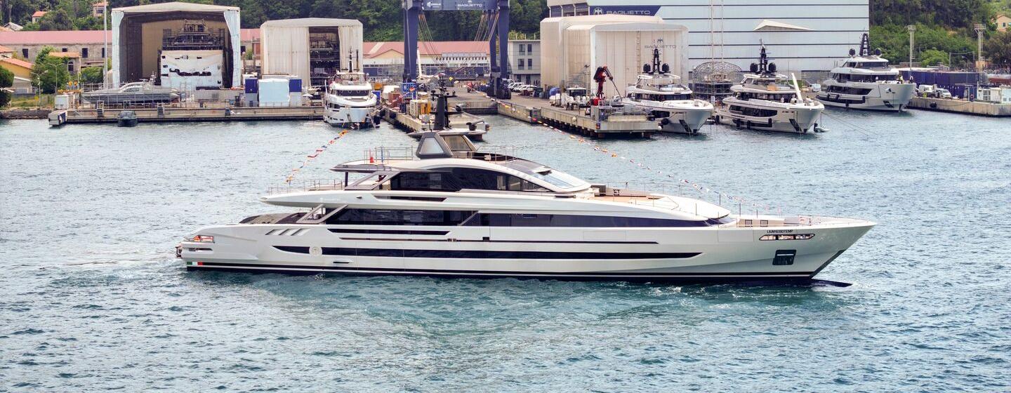 Baglietto FAST50 Superyacht at launch with bunting 