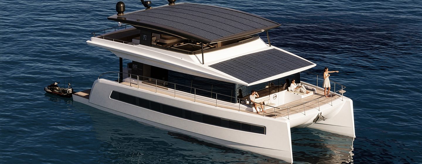 Rendering of VisionF 65 Hybrid Catamaran at anchor with people on foredeck
