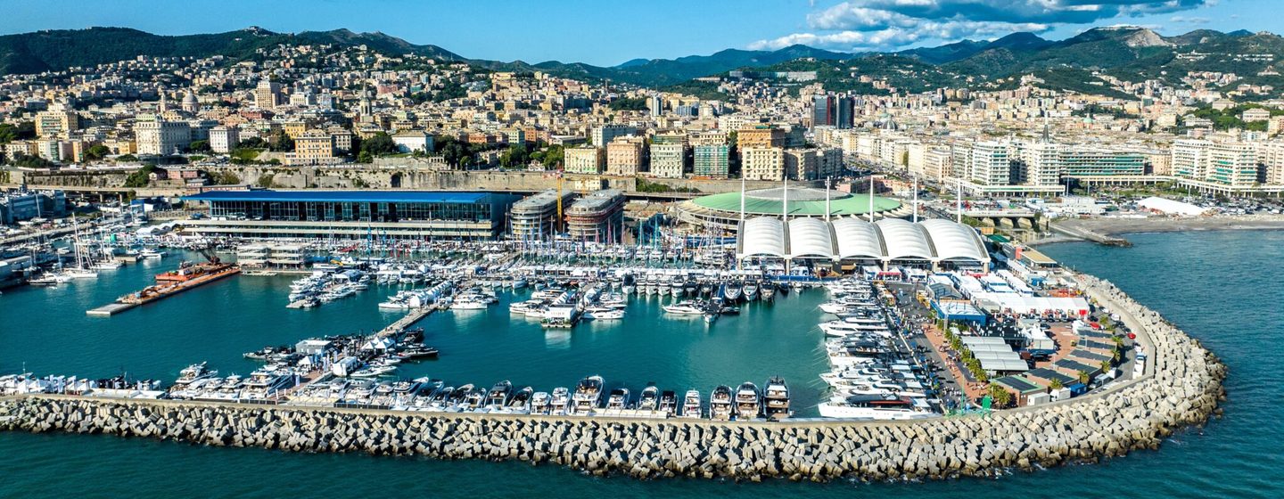 An aerial shot of the Genoa Boat Show, complete with various boats and yachts berthed in a marina