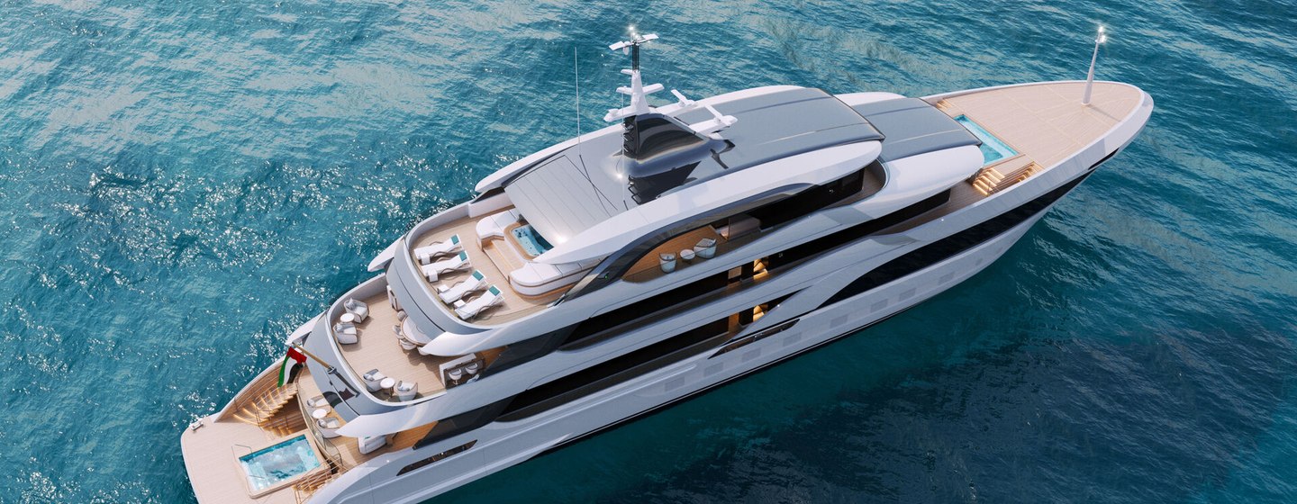 Gulf Craft Majesty 180 yacht at anchor aerial view 