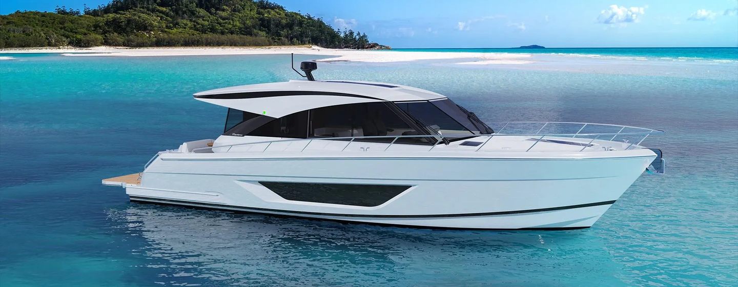 Rendering of Maritimo S50 Sedan motor yacht at anchor 