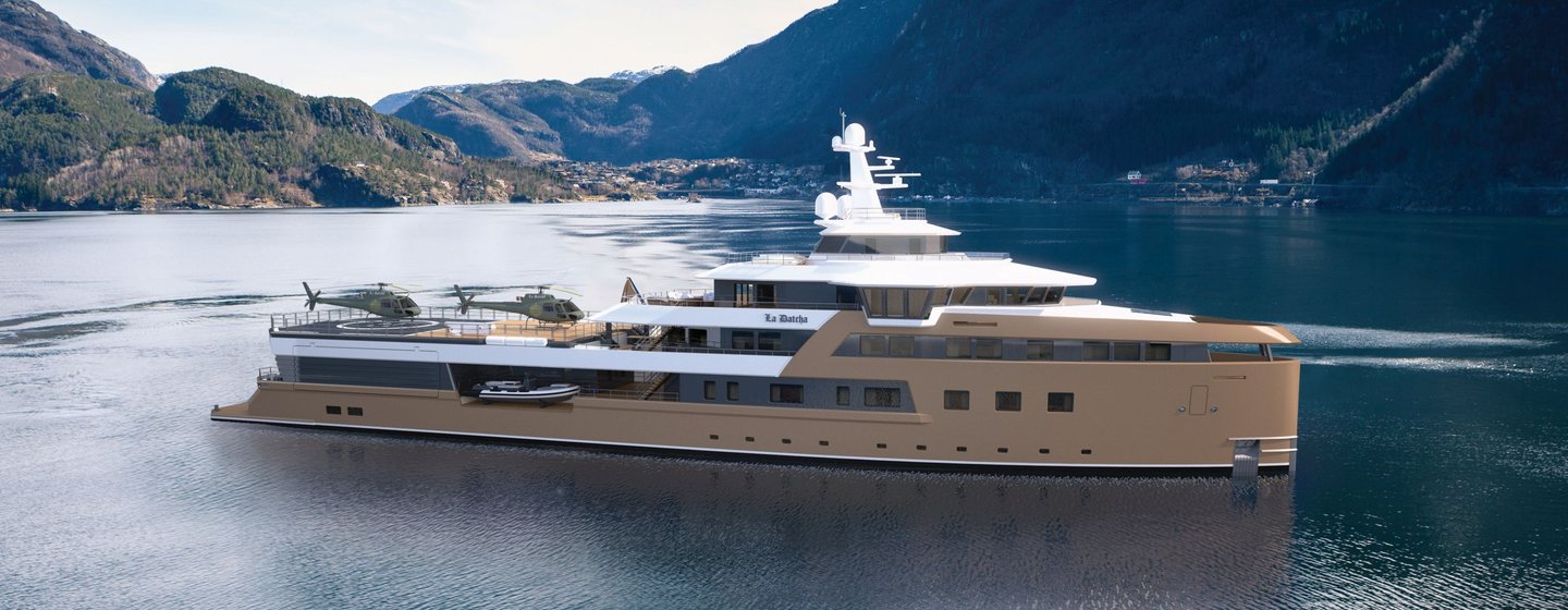 Damen Yachting's 'La Datcha' Explorer Yacht on calm water with distinctive chestnut color hull. Mountains in background.