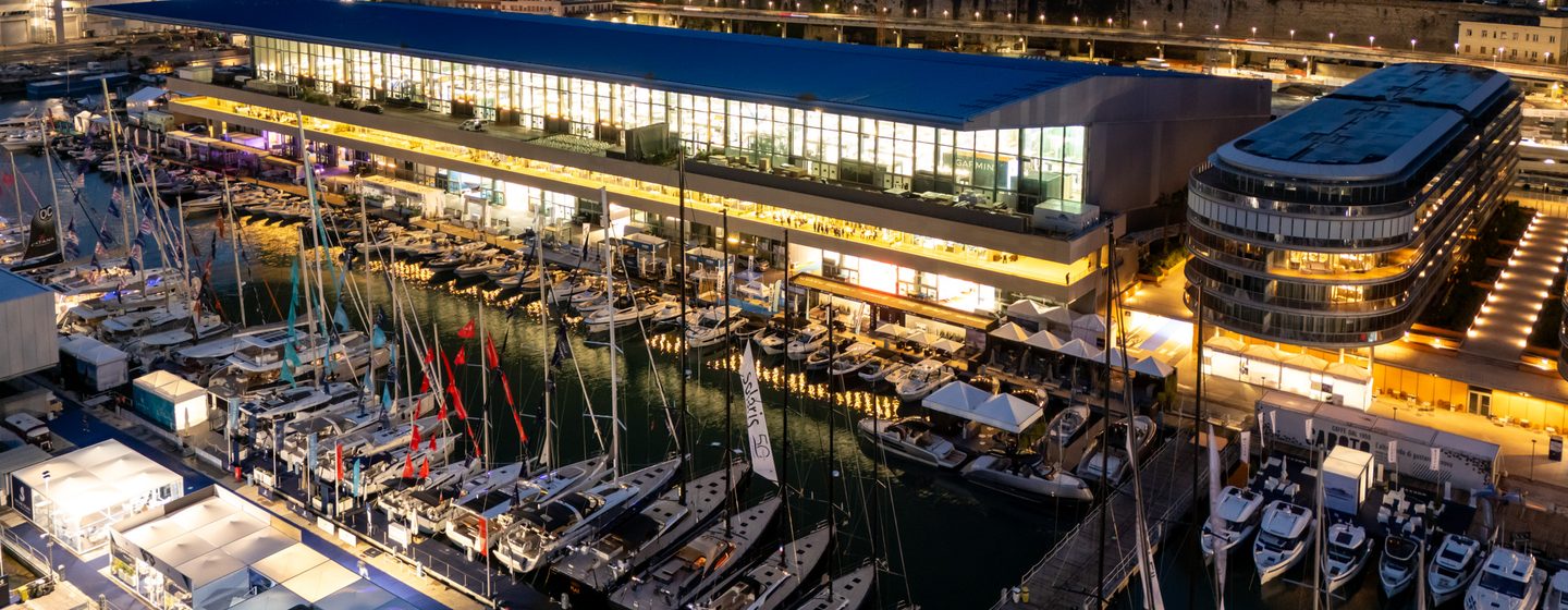 Genoa boat show aerial shot at night