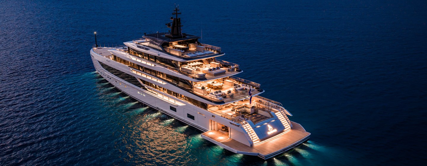 Sanlorenzo 74Steel superyacht Silver Fox at anchor with underwater lights 