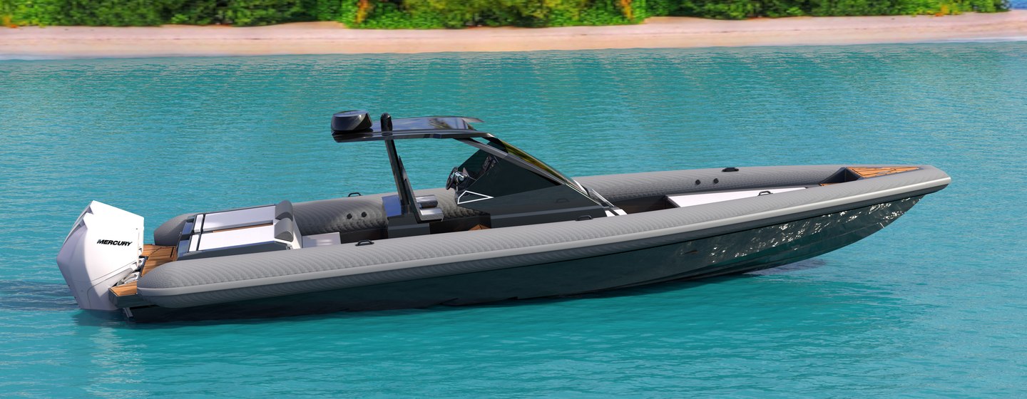 Computer generated image of 38 Grand Sport tender boat on still water in front of beach shore