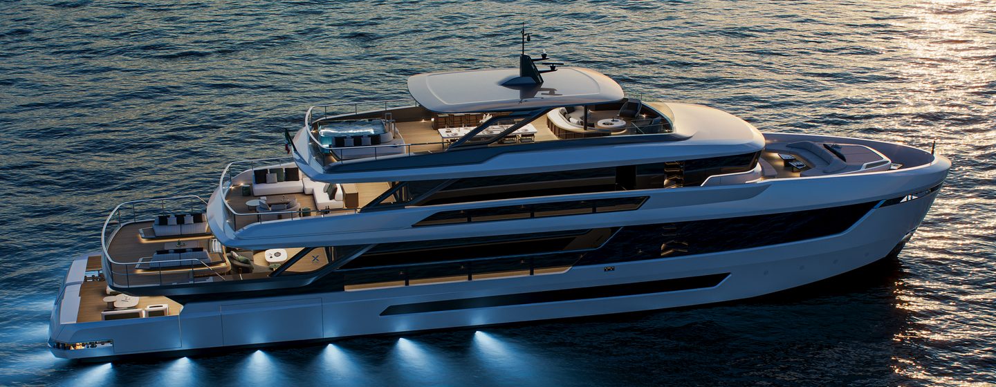 Rendering of Extra Yachts X130 Triplex motor yacht at night with underwater lights 