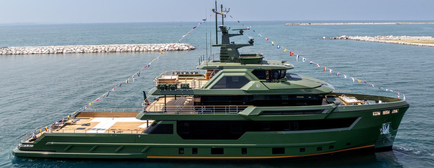 Superyacht Nasiba at launch with bunting