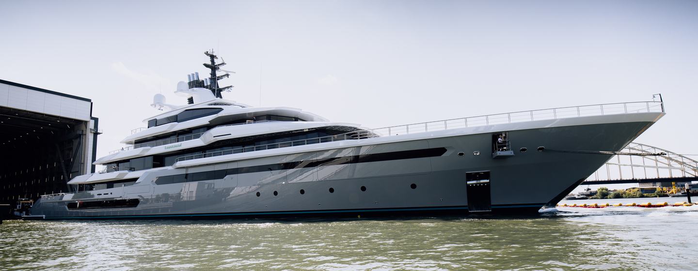 Superyacht Leviathan leaving Oceanco shed